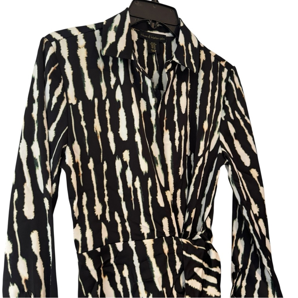 House of Harlow 1960 Black and White Abstract Long Sleeve Midi Wrap Dress - Picture 6 of 9